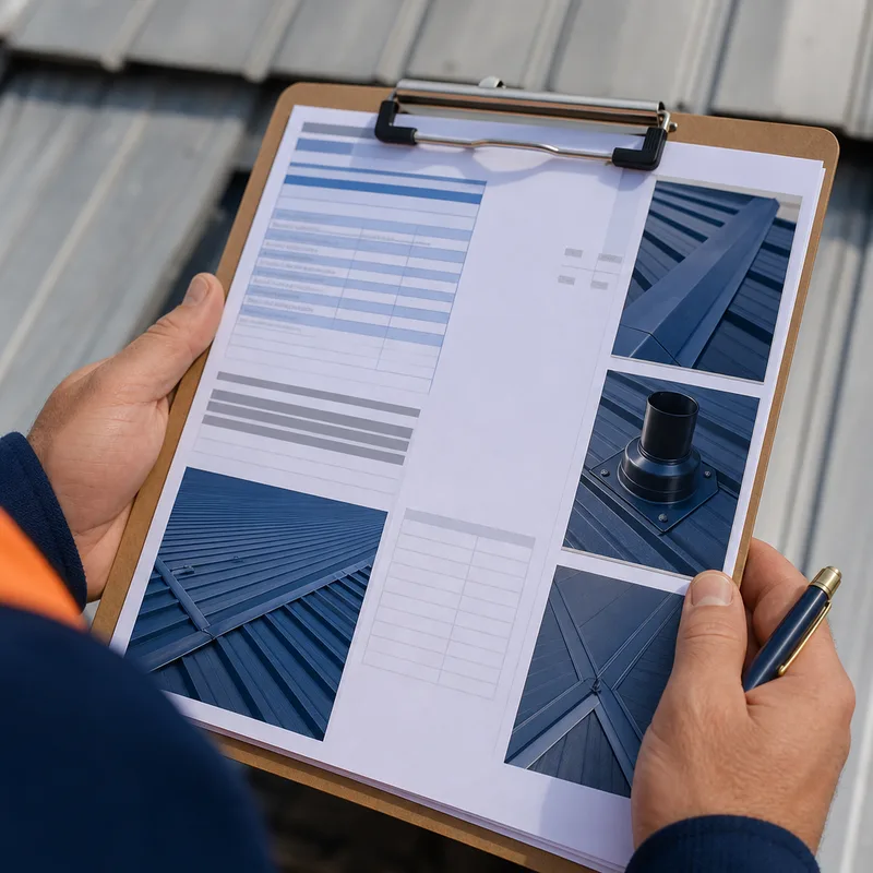 Metal roof closeout documents including an impact-rating specification, completion invoice, and labeled flashing-detail photographs