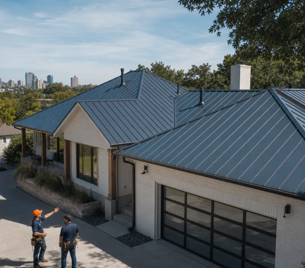 Fort Worth home with a newly installed standing seam metal roof, crisp panel lines, finished ridge and hip details, and clean flashing