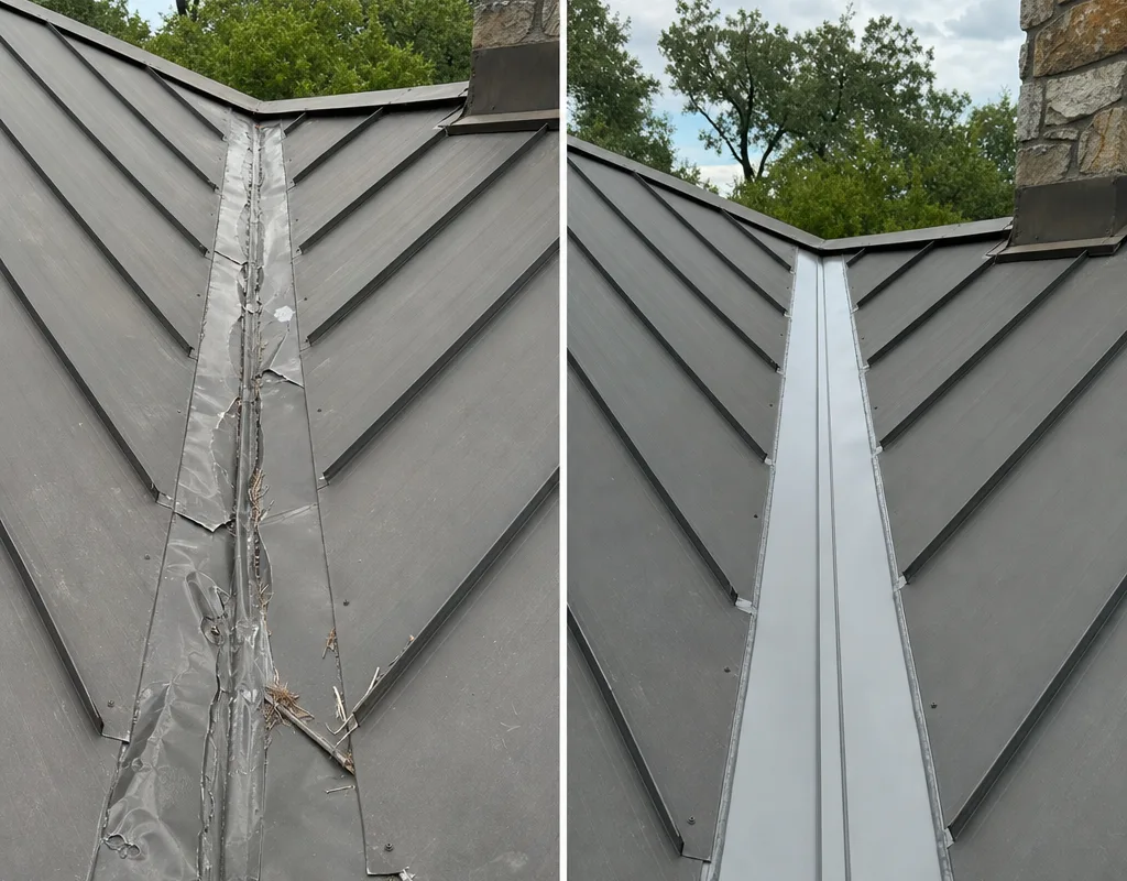 Before-and-after comparison of dented valley flashing and a properly lapped replacement valley