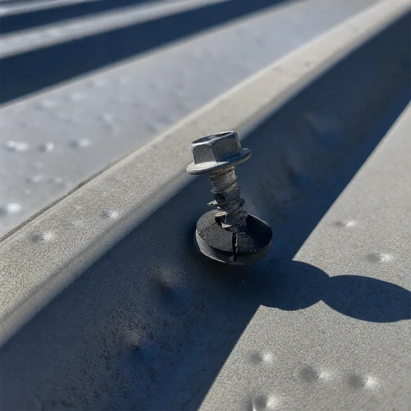 Backed-out metal roofing screw with a cracked neoprene washer and hail dimpling around it