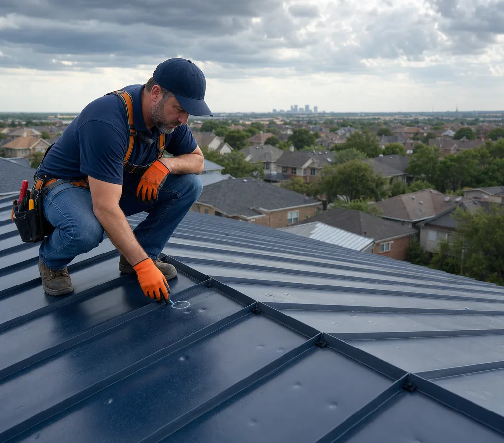Roofer inspecting visible hail dents and a chalk-marked seam on a Fort Worth metal roof