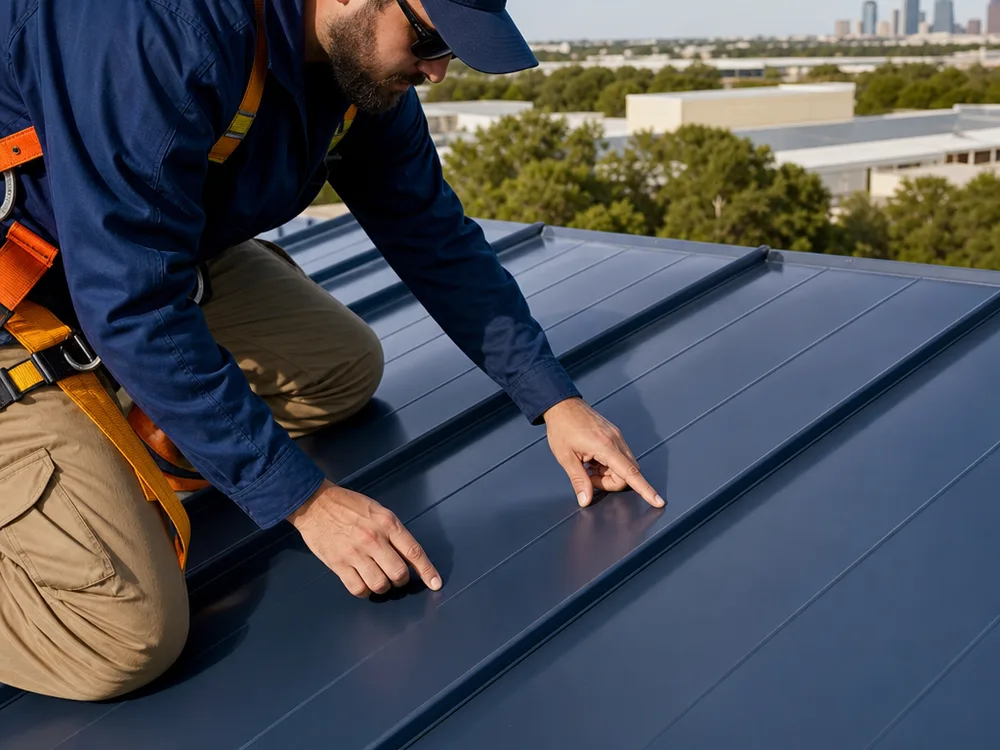 Roofer checking standing-seam engagement and coating fractures after hail impact
