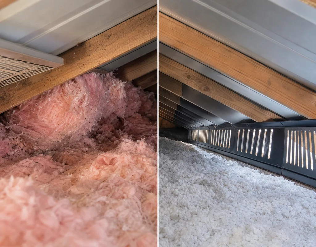 Before and after attic eave showing blocked soffit intake and a correctly installed ventilation baffle