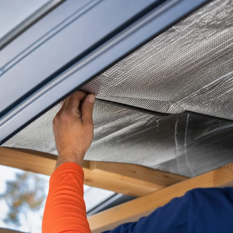 Anti-condensation membrane installed beneath metal roofing panels near the eave