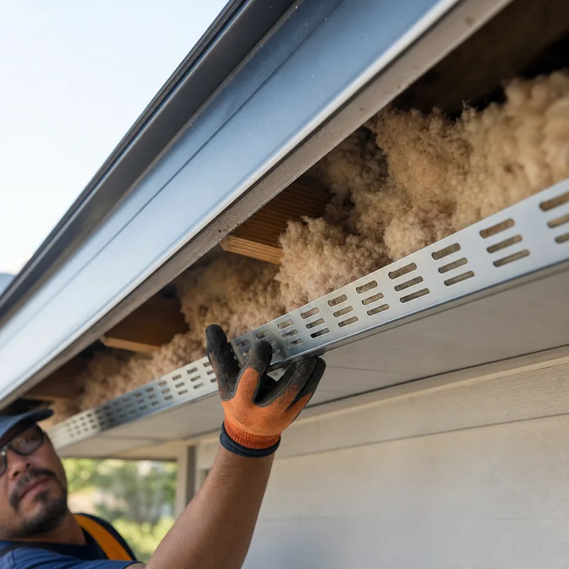 Soffit intake with a baffle keeping insulation clear of the airflow pathway beneath a metal roof
