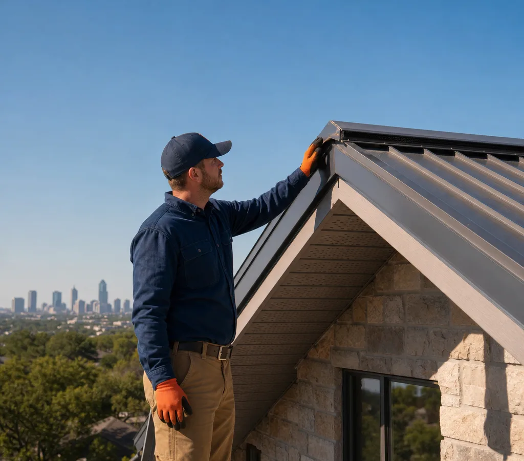 Technician inspecting metal roof ridge vents and soffit intake locations on a Fort Worth home