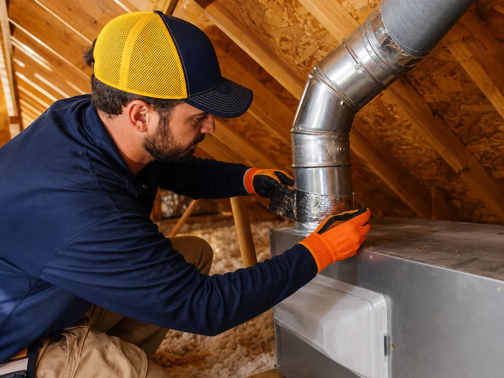 Technician sealing and correctly routing a bathroom exhaust duct in an attic near the roof deck