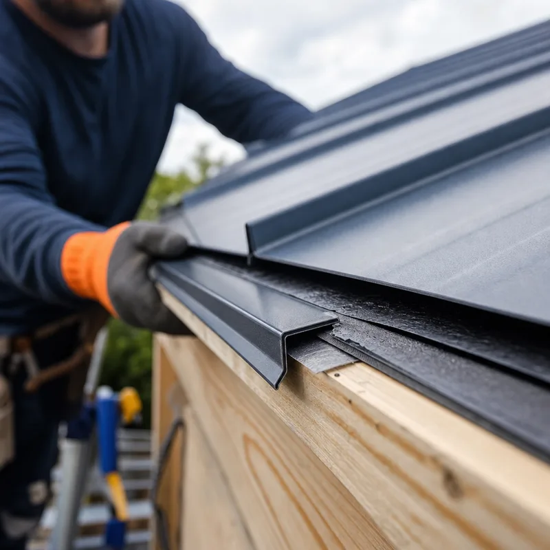 Standing seam eave edge showing drip edge and underlayment termination for inspection documentation
