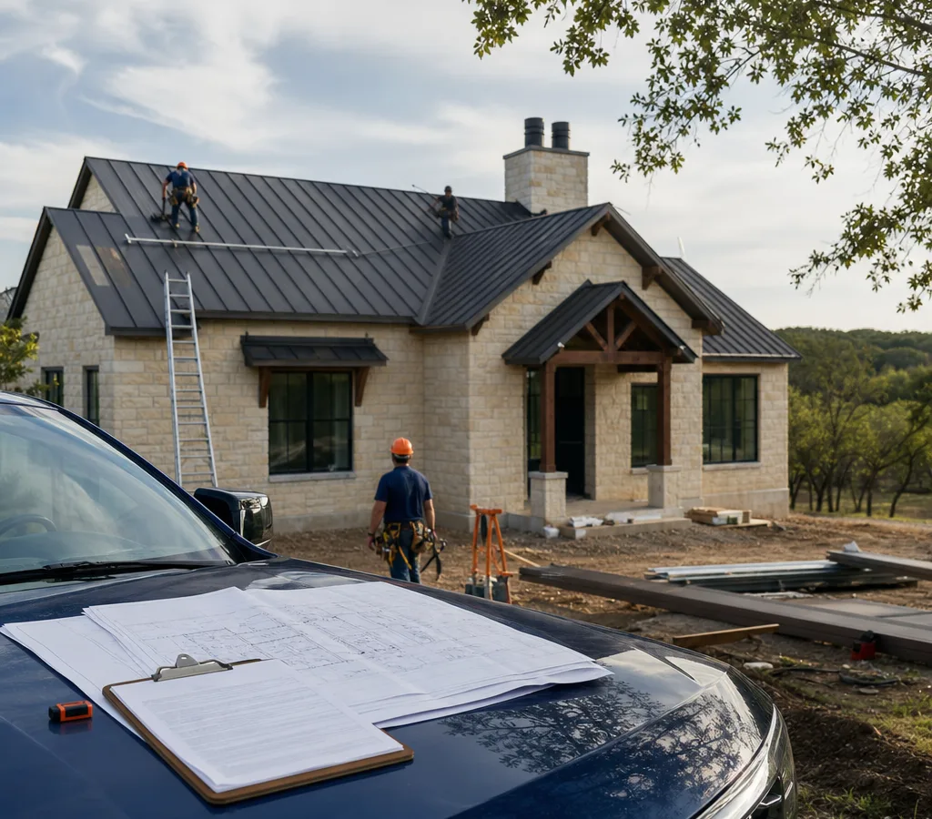 Fort Worth standing seam metal roof installation with permit plans and a clipboard ready for review