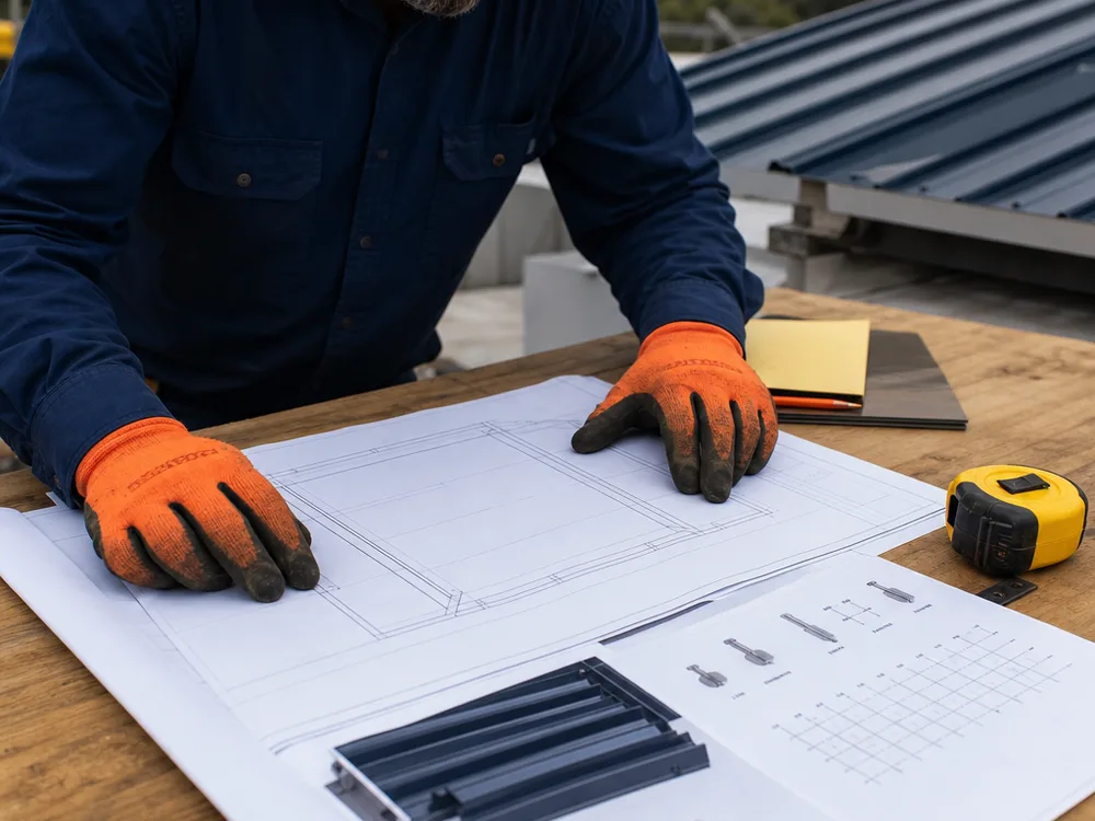 Metal roof permit submittal with roof plan, manufacturer specifications, and clip spacing notes