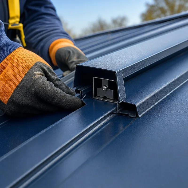 Standing seam ribs with concealed fastener clips, matching ridge cap, and sealed trim details