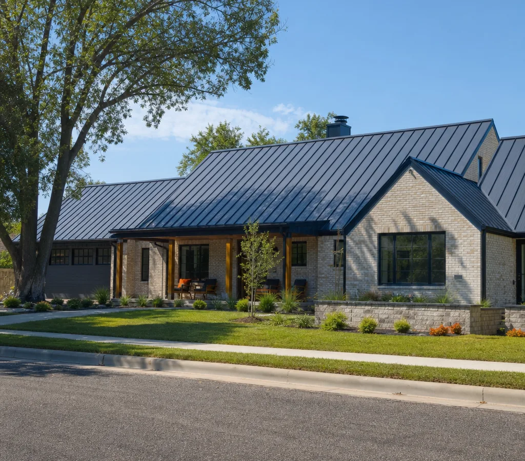 Fort Worth home with a newly installed standing seam metal roof, crisp vertical seams, and matching metal trim
