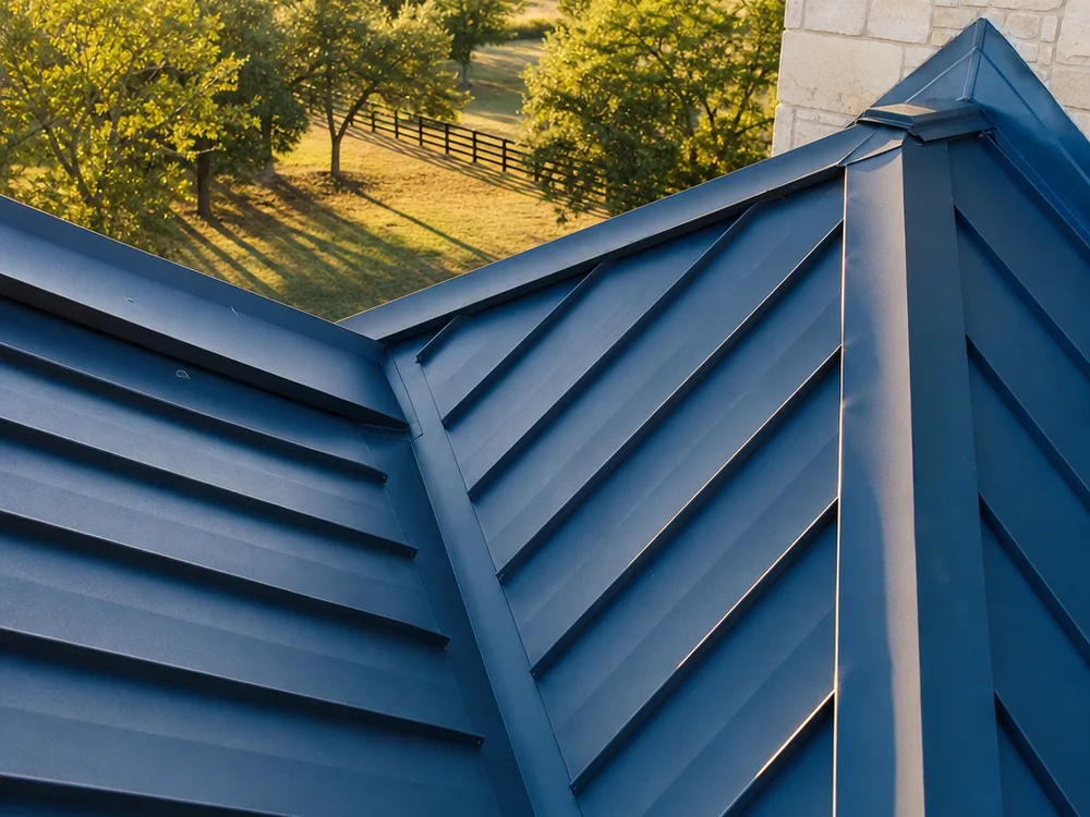 Standing seam roof valley with properly formed valley metal and clean panel terminations