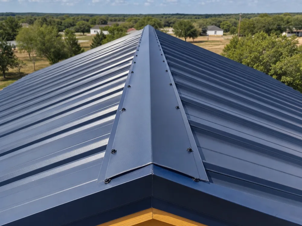 Standing seam ridge cap and vent with a neat ridge line, uniform cap fasteners, and closure material