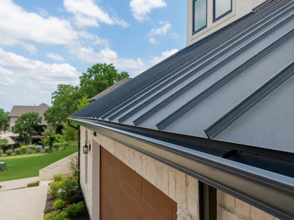Straight, evenly spaced standing seams with clean drip edge detail and a matching gutter color