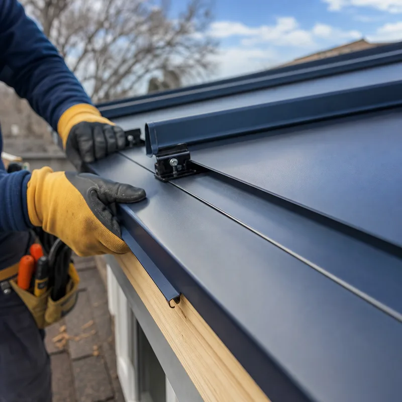 Close-up of standing seam panels with concealed clips, visible clip spacing, and a properly detailed eave and drip edge