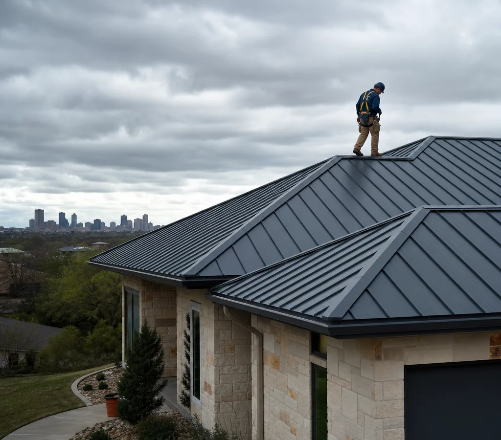 Fort Worth home with a standing seam metal roof on a windy overcast day, showing clean panel lines and ridge and hip details