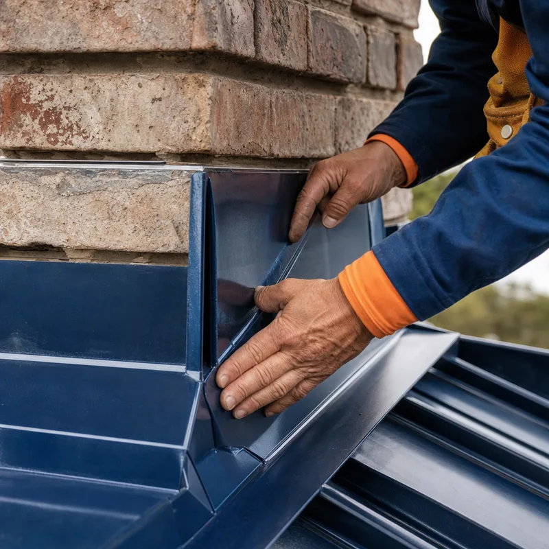 Custom metal flashing at a chimney on an older Fort Worth home with clean counterflashing lines and properly formed corners
