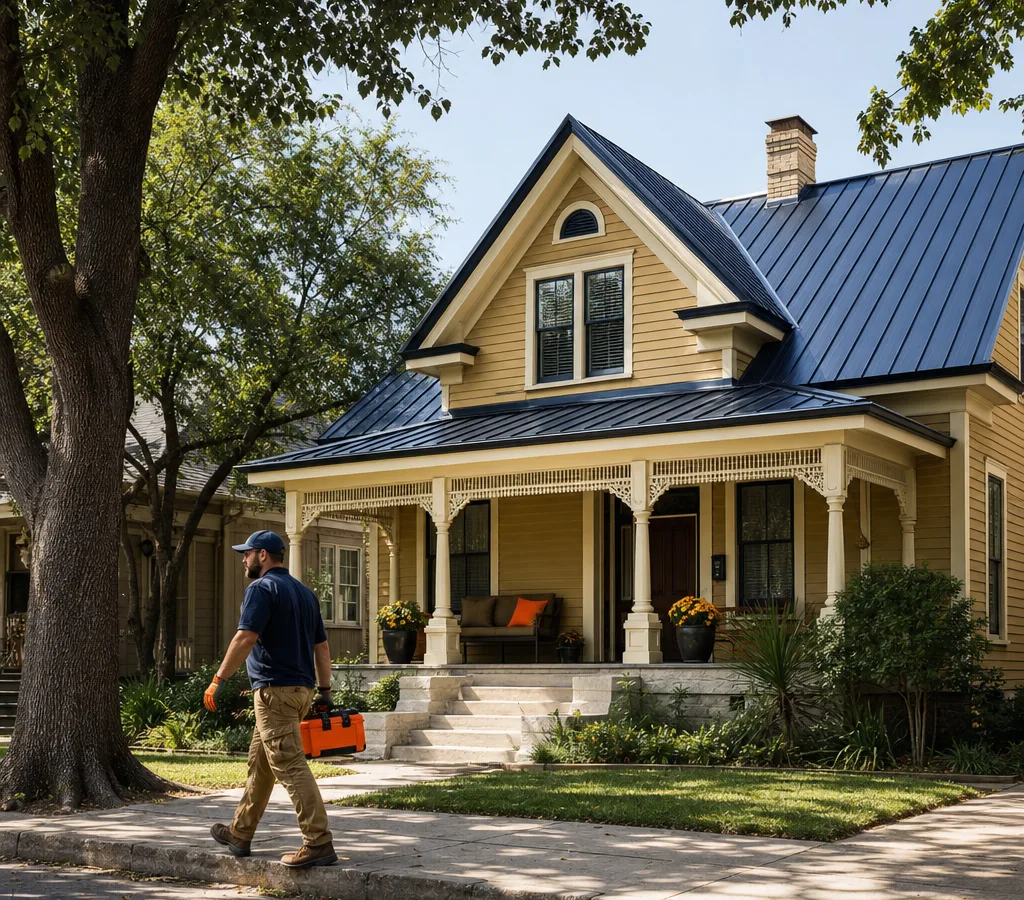 Street-level view of a Fort Worth historic home with a period-appropriate standing seam metal roof, traditional trim, and warm-toned finish