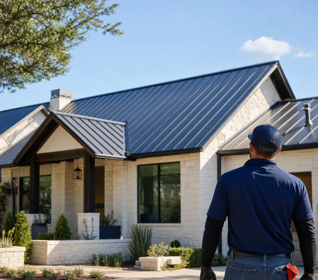 Fort Worth home with a newly installed standing seam metal roof, clean ridge lines, and finished edge metal