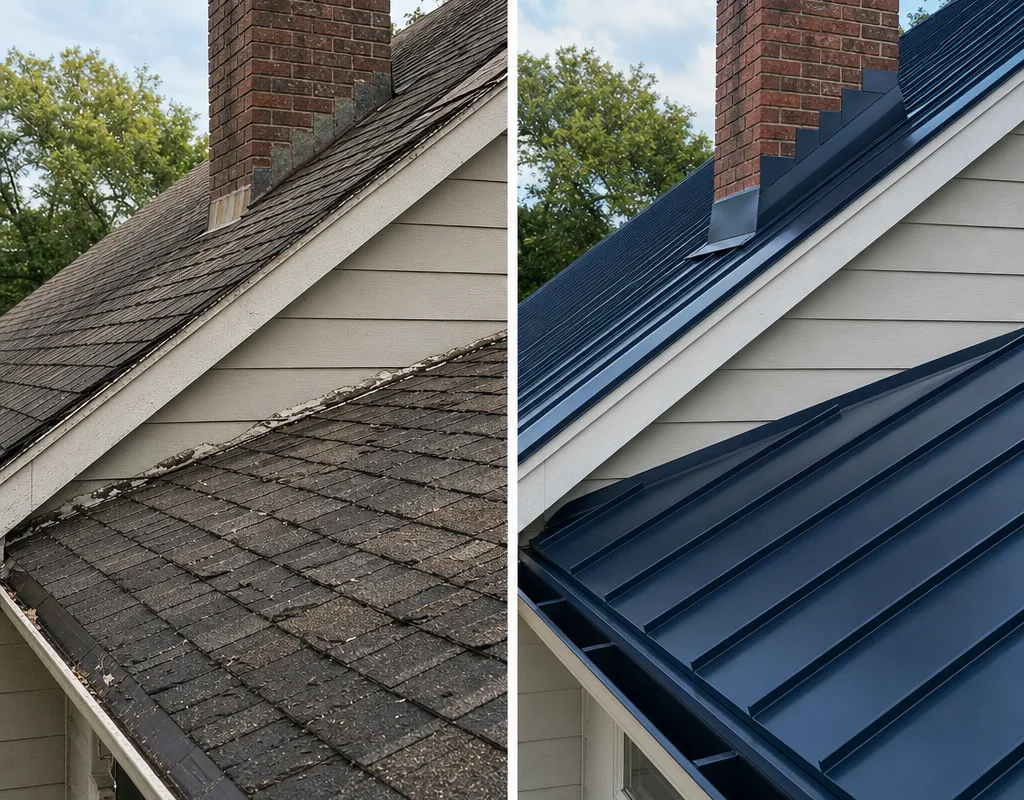 Before and after view of a Fort Worth home upgraded from aging asphalt shingles to a metal roof with new chimney and sidewall flashing
