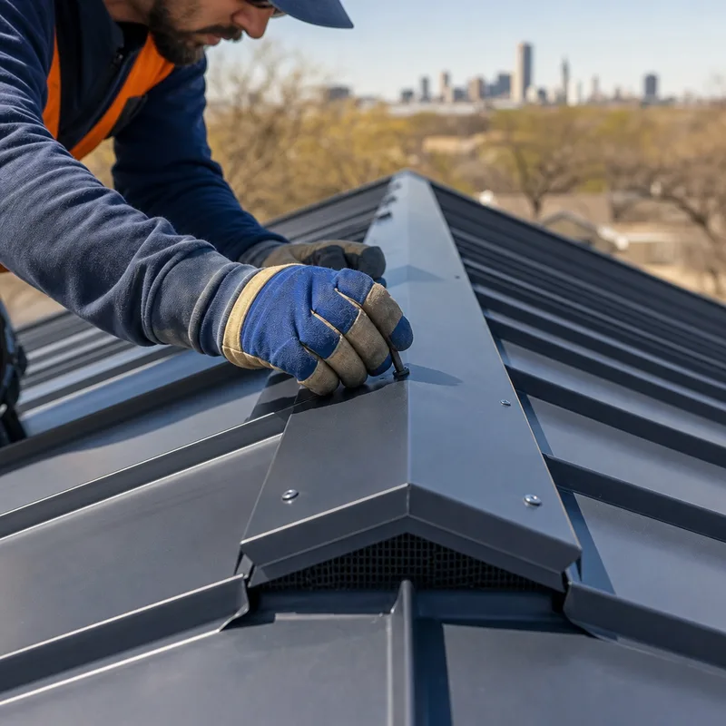 Standing seam roof ridge cap with straight seams, ridge ventilation detail, and clean trim fastener placement