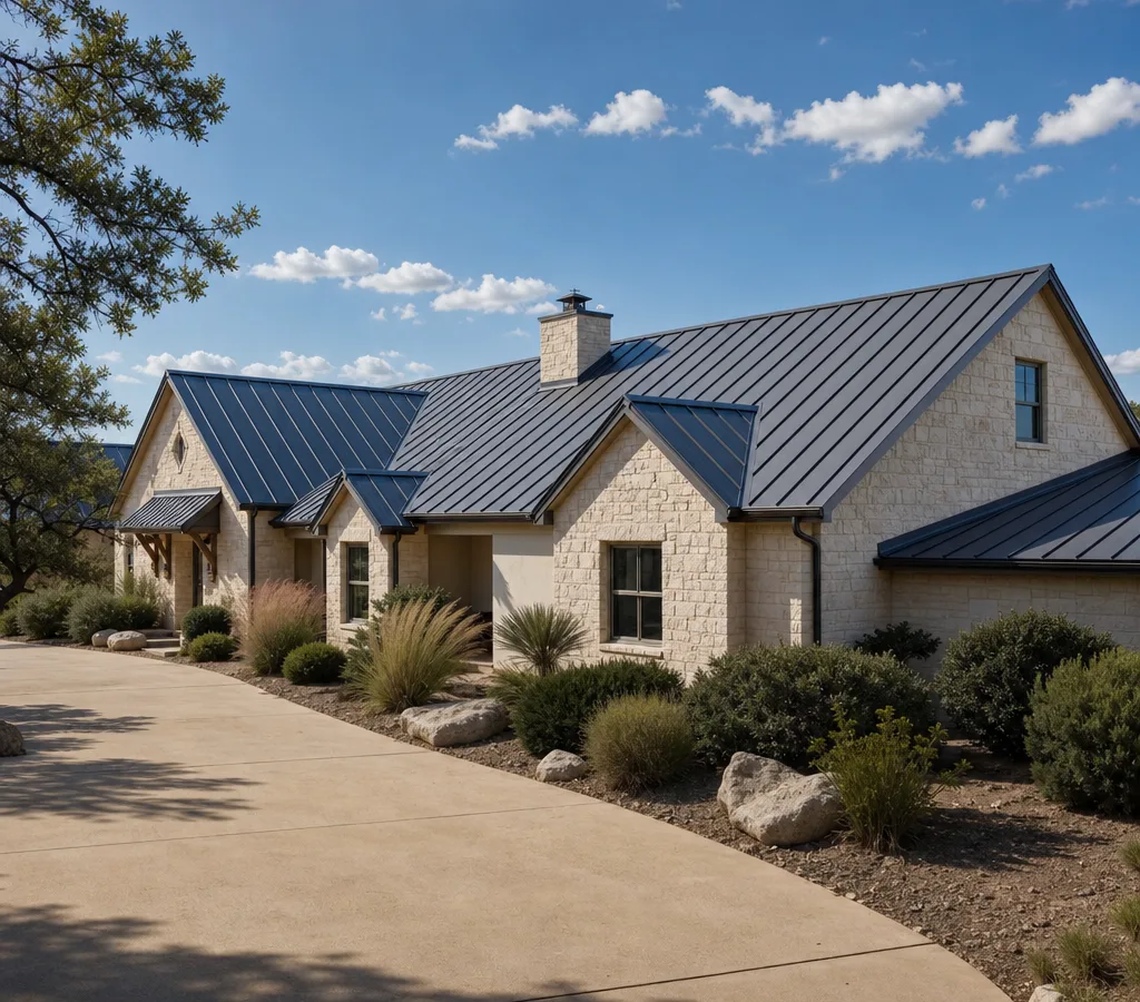 Fort Worth home with a newly installed standing seam metal roof, crisp panel lines, ridge cap, and clean edge detailing