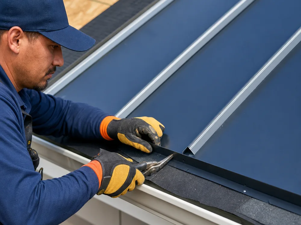 Standing seam metal roofing with a concealed-fastener seam, eave drip edge, and underlayment transition near a gutter