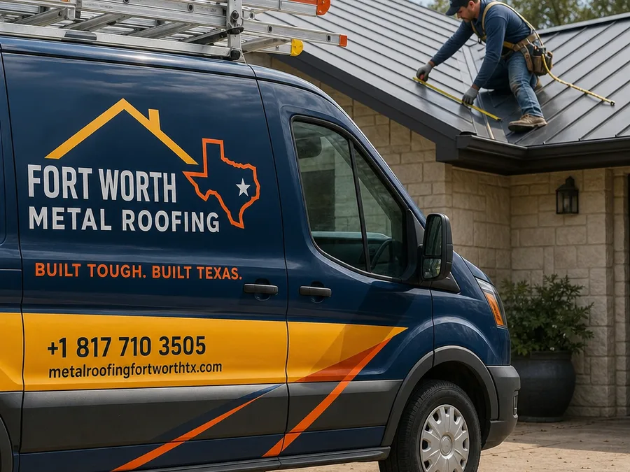 Roofing crew member measuring for metal panels and checking valley flashing on a Fort Worth roof