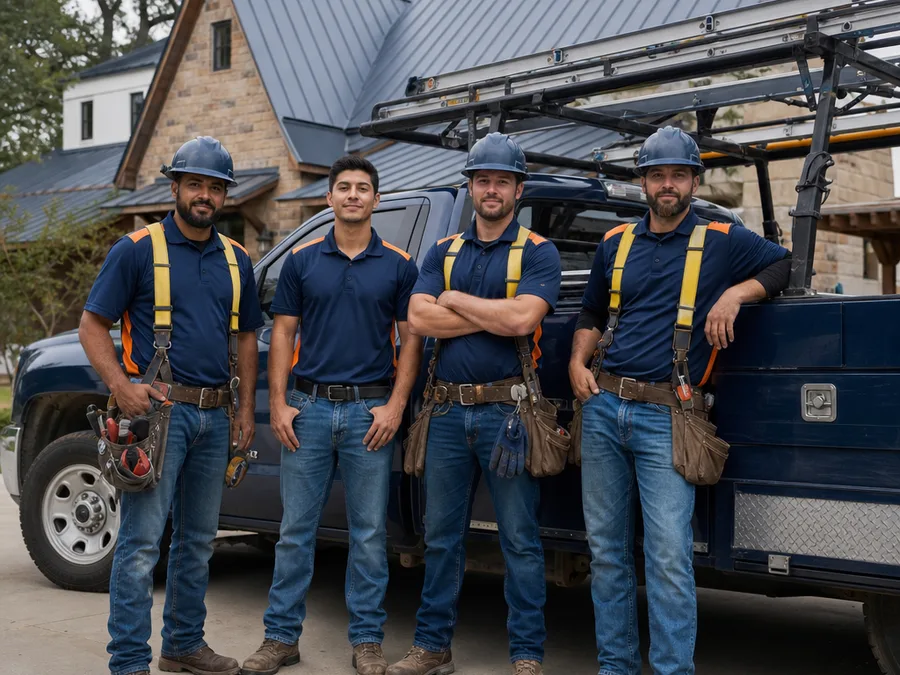 Metal Roofing Fort Worth TX crew beside a work truck wearing work shirts and roofing safety gear